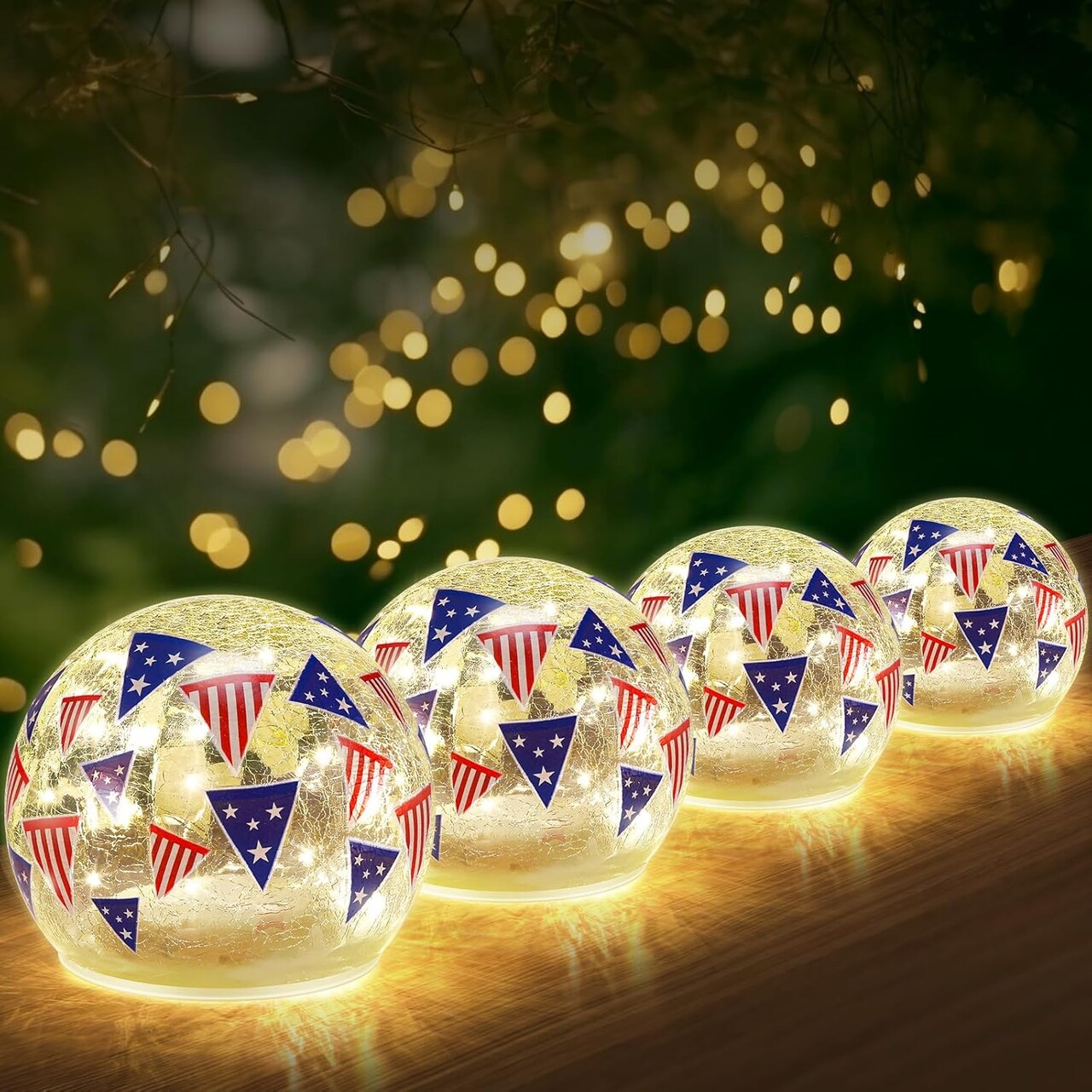 4PCS Independence Day Glass Ball Night Lights – 3.9” Crackle Glass Globe Lamps, Patriotic American Flag Battery Operated Table Decor for 4th of July